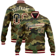 Load image into Gallery viewer, Custom Camo Vintage USA Flag Cream-Maroon Bomber Full-Snap Varsity Letterman Salute To Service Jacket