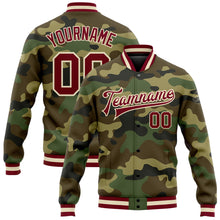 Load image into Gallery viewer, Custom Camo Maroon-Cream Bomber Full-Snap Varsity Letterman Salute To Service Jacket
