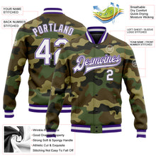 Load image into Gallery viewer, Custom Camo White Purple-Gray Bomber Full-Snap Varsity Letterman Salute To Service Jacket