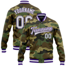 Load image into Gallery viewer, Custom Camo White Purple-Gray Bomber Full-Snap Varsity Letterman Salute To Service Jacket