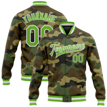 Load image into Gallery viewer, Custom Camo Neon Green-White Bomber Full-Snap Varsity Letterman Salute To Service Jacket