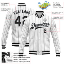Load image into Gallery viewer, Custom White Black Pinstripe Black-Gray Bomber Full-Snap Varsity Letterman Jacket