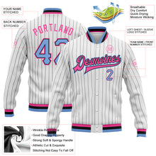 Load image into Gallery viewer, Custom White Black Pinstripe Light Blue Black-Pink Bomber Full-Snap Varsity Letterman Jacket