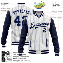 Load image into Gallery viewer, Custom White Navy Pinstripe Navy-Gray Bomber Full-Snap Varsity Letterman Two Tone Jacket