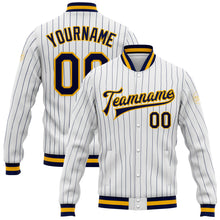 Load image into Gallery viewer, Custom White Navy Pinstripe Navy-Gold Bomber Full-Snap Varsity Letterman Jacket