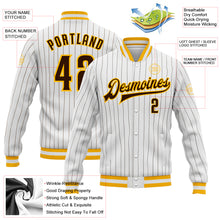 Load image into Gallery viewer, Custom White Brown Pinstripe Brown-Gold Bomber Full-Snap Varsity Letterman Jacket