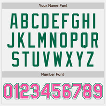 Load image into Gallery viewer, Custom White Kelly Green Pinstripe Pink-Kelly Green Bomber Full-Snap Varsity Letterman Jacket