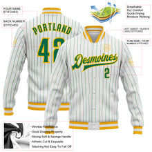 Load image into Gallery viewer, Custom White Kelly Green Pinstripe Kelly Green-Gold Bomber Full-Snap Varsity Letterman Jacket