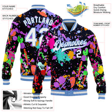 Load image into Gallery viewer, Custom Graffiti Pattern White-Light Blue Splashes 3D Bomber Full-Snap Varsity Letterman Jacket