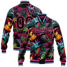 Load image into Gallery viewer, Custom Black Pink-Light Blue Hawaii Palm Trees 3D Bomber Full-Snap Varsity Letterman Jacket