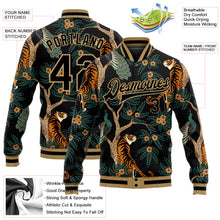 Load image into Gallery viewer, Custom Black Black-Old Gold Tiger And Peacock 3D Pattern Design Bomber Full-Snap Varsity Letterman Jacket