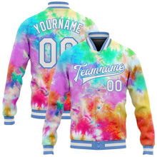 Load image into Gallery viewer, Custom Tie Dye White-Light Blue Rainbow 3D Bomber Full-Snap Varsity Letterman Jacket