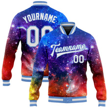 Load image into Gallery viewer, Custom Galactic White-Light Blue 3D Bomber Full-Snap Varsity Letterman Jacket