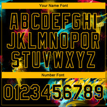 Load image into Gallery viewer, Custom Graffiti Pattern Black-Gold 3D Bomber Full-Snap Varsity Letterman Jacket