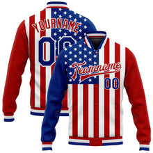 Load image into Gallery viewer, Custom White Royal-Red American Flag Fashion 3D Bomber Full-Snap Varsity Letterman Jacket