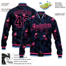Load image into Gallery viewer, Custom Black Black Pink-Light Blue Hawaii Palm Trees And Flamingo 3D Bomber Full-Snap Varsity Letterman Jacket