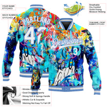 Load image into Gallery viewer, Custom Graffiti Pattern White-Light Blue Abstract 3D Bomber Full-Snap Varsity Letterman Jacket