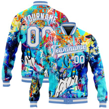 Load image into Gallery viewer, Custom Graffiti Pattern White-Light Blue Abstract 3D Bomber Full-Snap Varsity Letterman Jacket