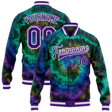 Load image into Gallery viewer, Custom Tie Dye Purple-White Rainbow 3D Bomber Full-Snap Varsity Letterman Jacket