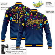 Load image into Gallery viewer, Custom Autism Awareness Puzzle Pieces Navy-Gold 3D Bomber Full-Snap Varsity Letterman Jacket