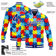 Load image into Gallery viewer, Custom Autism Awareness Puzzle Pieces Royal-White 3D Bomber Full-Snap Varsity Letterman Jacket