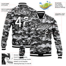 Load image into Gallery viewer, Custom Camo White-Black 3D Bomber Full-Snap Varsity Letterman Salute To Service Jacket