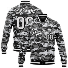 Load image into Gallery viewer, Custom Camo White-Black 3D Bomber Full-Snap Varsity Letterman Salute To Service Jacket