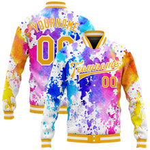 Load image into Gallery viewer, Custom Tie Dye Gold-White Rainbow 3D Bomber Full-Snap Varsity Letterman Jacket