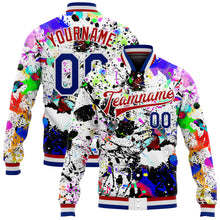 Load image into Gallery viewer, Custom Graffiti Pattern Royal-Red Splashes 3D Bomber Full-Snap Varsity Letterman Jacket