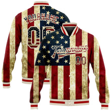 Load image into Gallery viewer, Custom Cream Vintage USA Flag-Red American Flag Fashion 3D Bomber Full-Snap Varsity Letterman Jacket