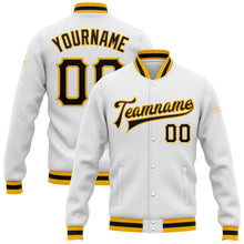 Load image into Gallery viewer, Custom White Black-Gold Bomber Full-Snap Varsity Letterman Jacket