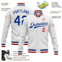 Load image into Gallery viewer, Custom White Royal-Red Bomber Full-Snap Varsity Letterman Jacket