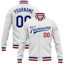 Load image into Gallery viewer, Custom White Royal-Red Bomber Full-Snap Varsity Letterman Jacket