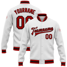 Load image into Gallery viewer, Custom White Red-Black Bomber Full-Snap Varsity Letterman Jacket