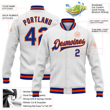 Load image into Gallery viewer, Custom White Royal-Orange Bomber Full-Snap Varsity Letterman Jacket