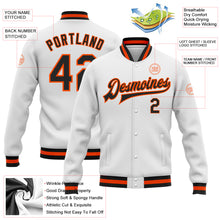 Load image into Gallery viewer, Custom White Black-Orange Bomber Full-Snap Varsity Letterman Jacket