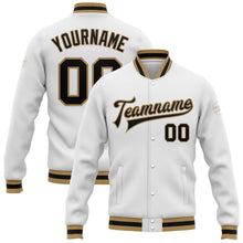 Load image into Gallery viewer, Custom White Black-Old Gold Bomber Full-Snap Varsity Letterman Jacket