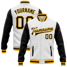 Load image into Gallery viewer, Custom White Black-Gold Bomber Full-Snap Varsity Letterman Two Tone Jacket