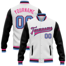 Load image into Gallery viewer, Custom White Light Blue Black-Pink Bomber Full-Snap Varsity Letterman Two Tone Jacket