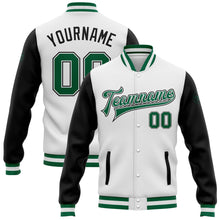 Load image into Gallery viewer, Custom White Kelly Green-Black Bomber Full-Snap Varsity Letterman Two Tone Jacket