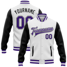 Load image into Gallery viewer, Custom White Purple-Black Bomber Full-Snap Varsity Letterman Two Tone Jacket
