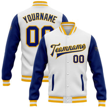 Load image into Gallery viewer, Custom White Royal-Gold Bomber Full-Snap Varsity Letterman Two Tone Jacket