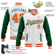Load image into Gallery viewer, Custom White Orange-Kelly Green Bomber Full-Snap Varsity Letterman Two Tone Jacket