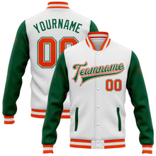 Load image into Gallery viewer, Custom White Orange-Kelly Green Bomber Full-Snap Varsity Letterman Two Tone Jacket