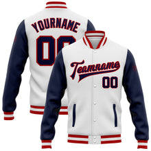 Load image into Gallery viewer, Custom White Navy-Red Bomber Full-Snap Varsity Letterman Two Tone Jacket