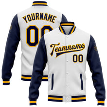 Load image into Gallery viewer, Custom White Navy-Gold Bomber Full-Snap Varsity Letterman Two Tone Jacket