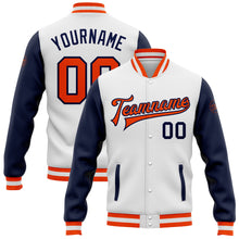 Load image into Gallery viewer, Custom White Orange-Navy Bomber Full-Snap Varsity Letterman Two Tone Jacket