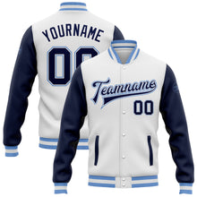 Load image into Gallery viewer, Custom White Navy-Light Blue Bomber Full-Snap Varsity Letterman Two Tone Jacket