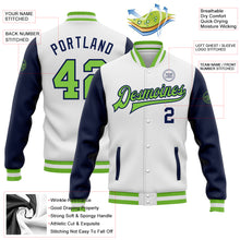 Load image into Gallery viewer, Custom White Neon Green-Navy Bomber Full-Snap Varsity Letterman Two Tone Jacket