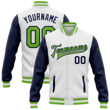 Load image into Gallery viewer, Custom White Neon Green-Navy Bomber Full-Snap Varsity Letterman Two Tone Jacket